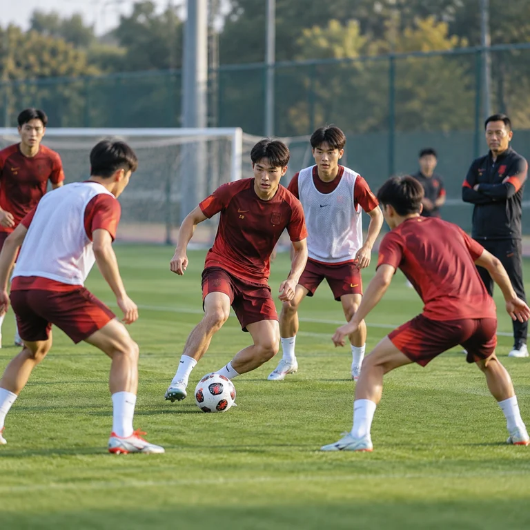 中国男足球员在训练场进行传接球与攻防演练