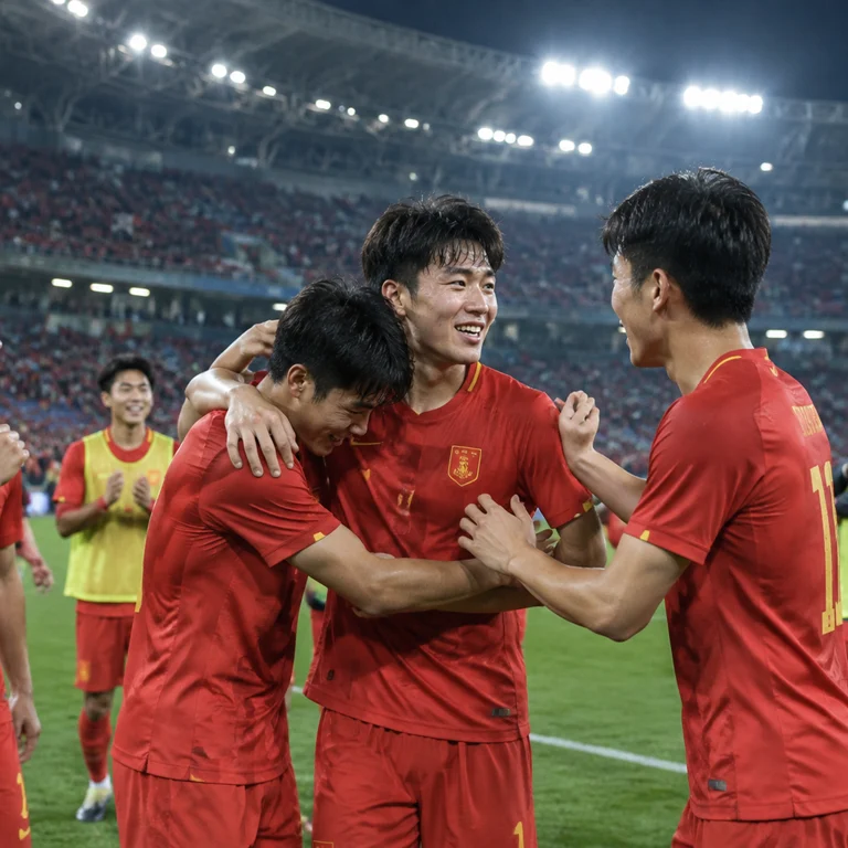 U23国足球员在赛场上庆祝晋级亚运会四强
